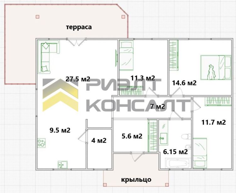 Дом, 123м², 8 соток, 1 этаж, 3 комн., стены: Газоблоки миниатюра 2