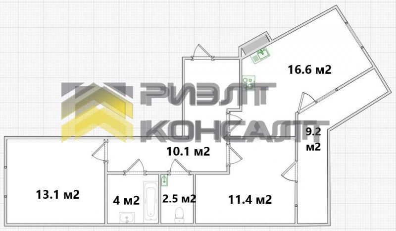 2-комн. квартира, Вторичка, 57.80м², 5/8 этаж