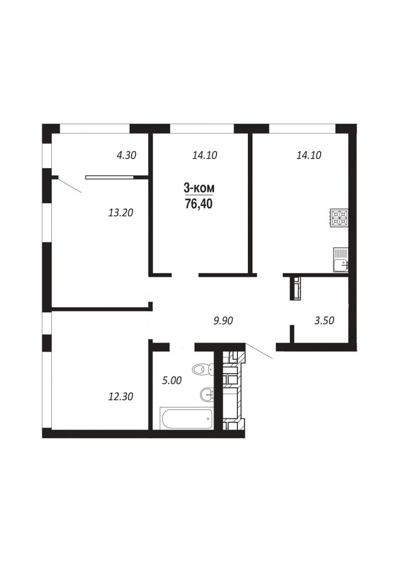 3-комн. квартира, 76.40м², 14/16 этаж
