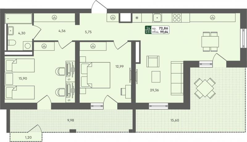 2-комн. квартира, 99м², 7/8 этаж