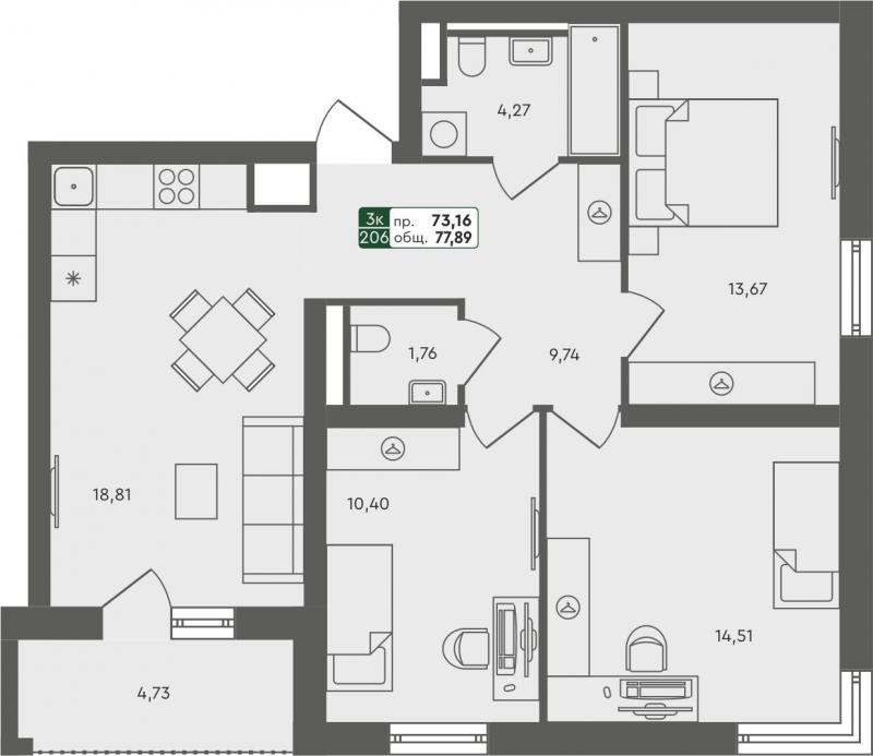 3-комн. квартира, 77м², 2/8 этаж
