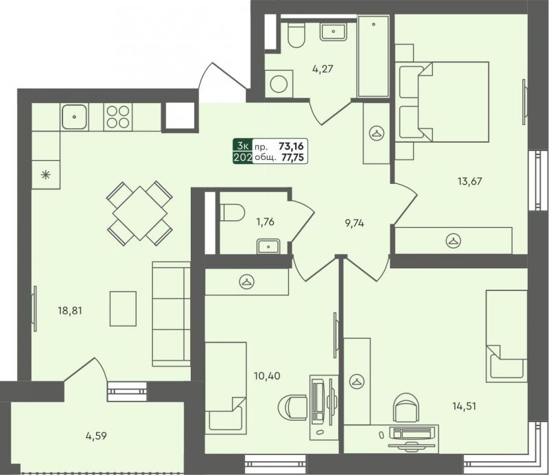 3-комн. квартира, 77м², 1/8 этаж