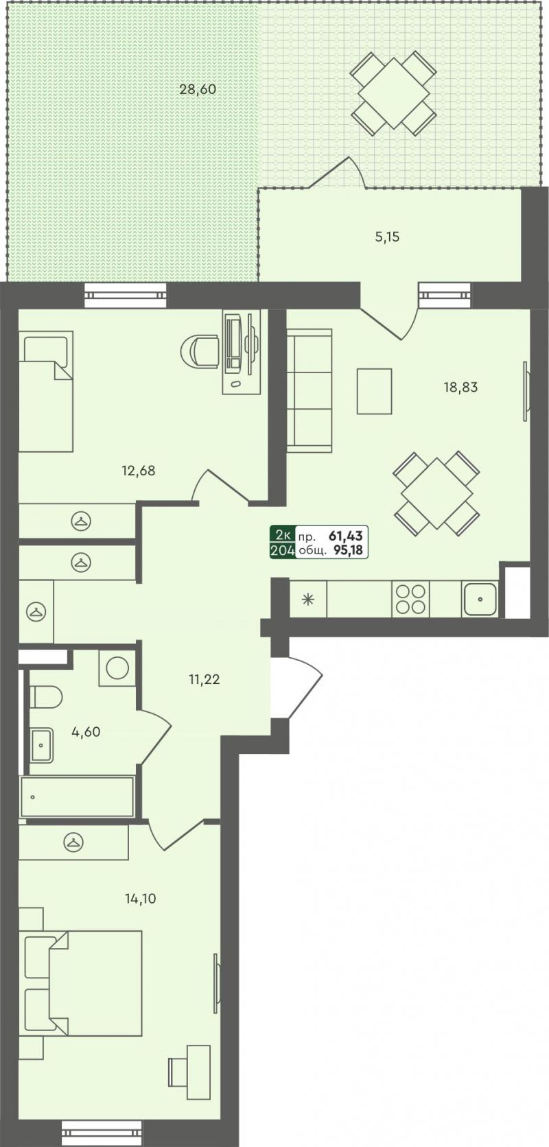 2-комн. квартира, 95м², 1/8 этаж