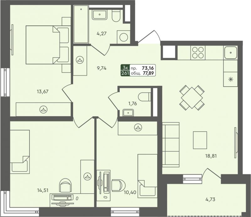 3-комн. квартира, 77м², 6/8 этаж