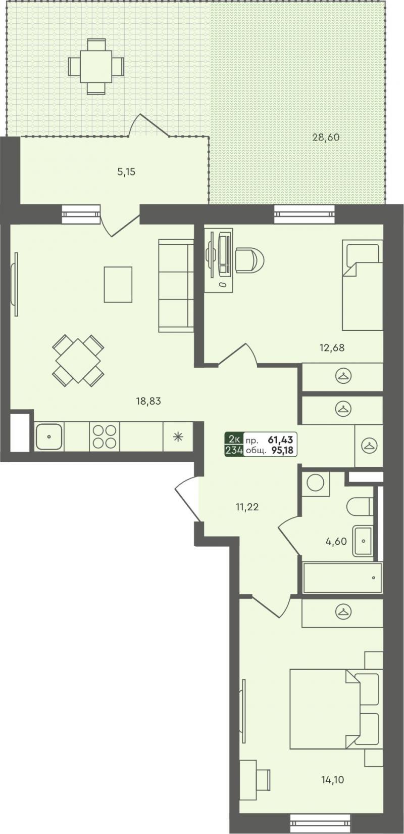 2-комн. квартира, 95м², 1/8 этаж