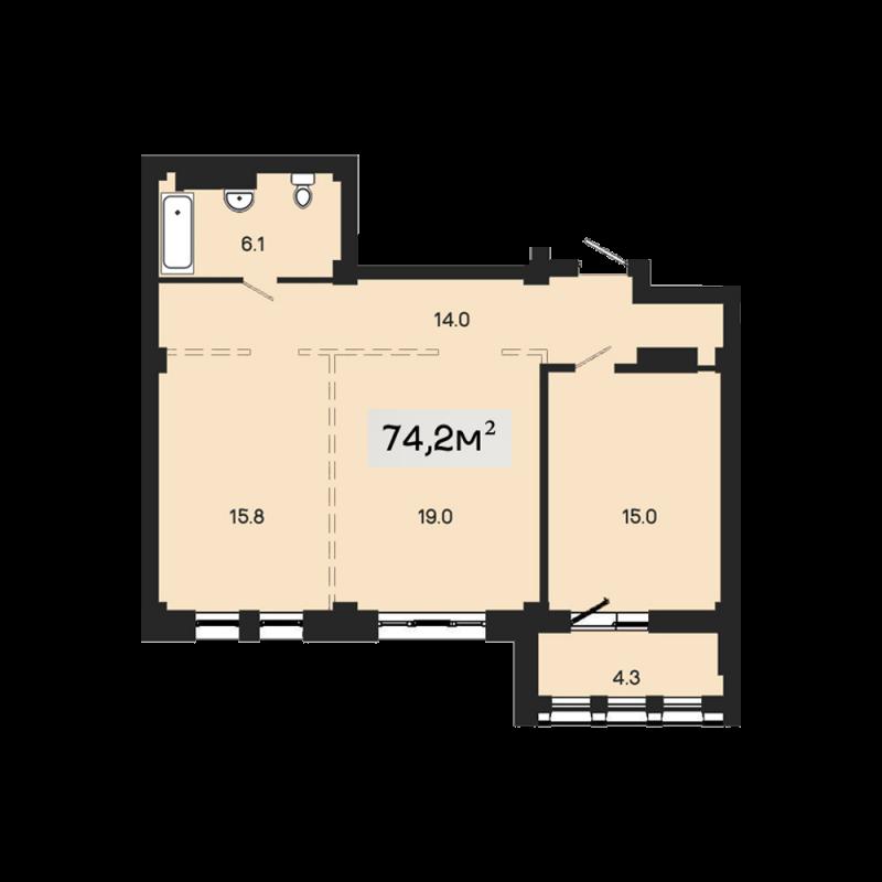 2-комн. квартира, Новостройка, 71.50м², 8/19 этаж