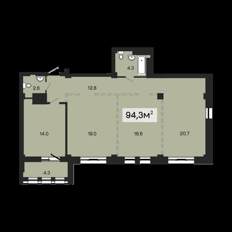 3-комн. квартира, Новостройка, 91.90м², 9/19 этаж