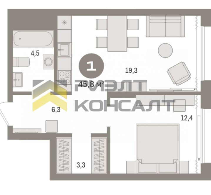 1-комн. квартира, Вторичка, 45.80м², 4/17 этаж миниатюра 2