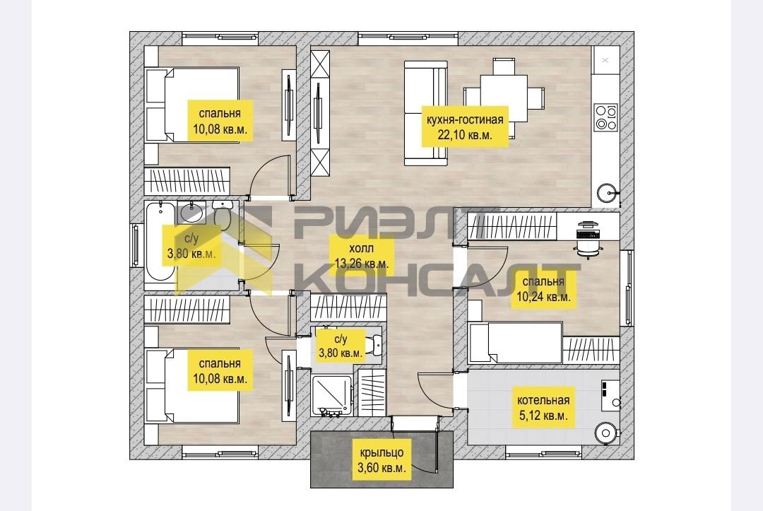 Дом, 96.80м², 8 соток, 1 этаж, 3 комн., стены: Газоблоки миниатюра 4